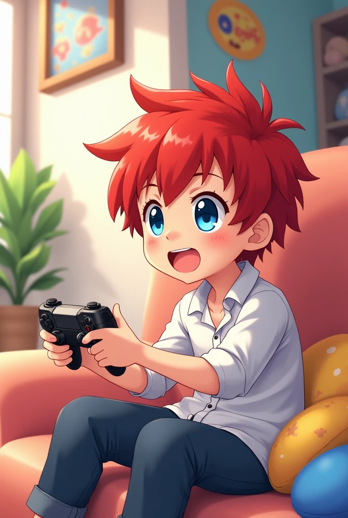 Anime of a boy with red hair blue eyes and white shirt and at home while holding a video game controller in his hand