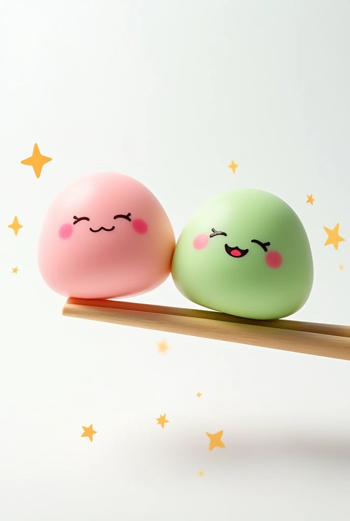(Cartoon shaped image) two pink and green mochi with chopsticks, background putih