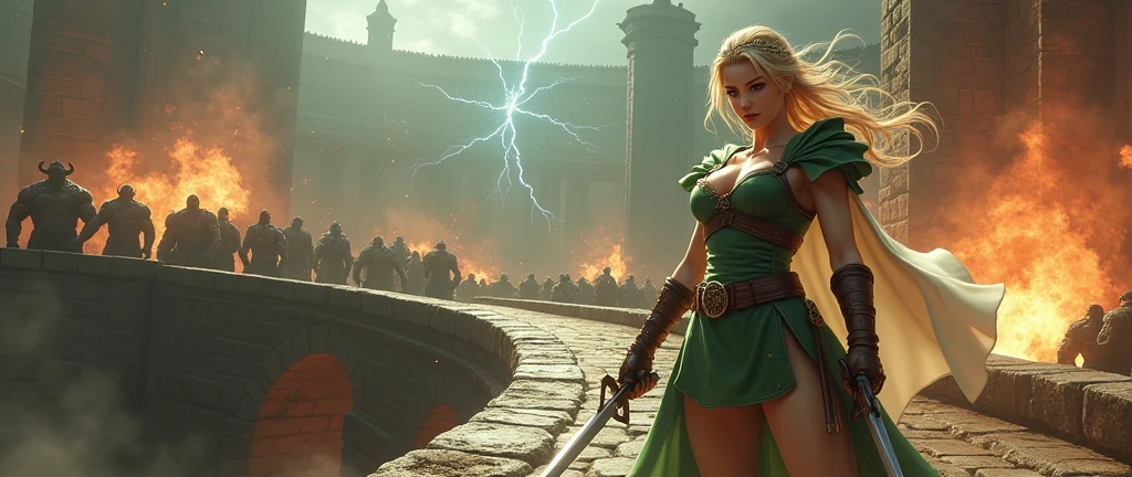 Cammy in her classic form, wearing her signature green military outfit, a princess tiara, and a light cape, holding two daggers as she faces an army of orcs on an ancient stone bridge. The scene is chaotic and action-packed, with explosions and debris flying through the air, lightning crossing the sky, and Cammy in the midst of fierce combat. The style is highly detailed realism