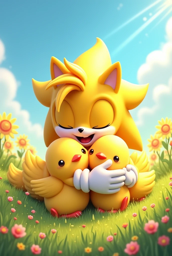 Yellow Sonic and chicks hugging