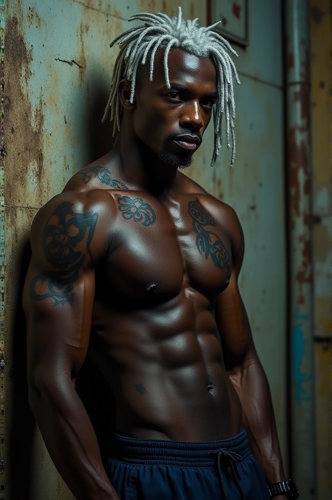 the attractive ones, bonitas, muscle body, silver hair, chunk, big fit ass, Sexy Eyes, Define ABS, darkskin, navy clothing, sucking my penis, Deep Throat, black tattoos, chest tattoo of written words, (shoulder tattoos), sem beard, greasy skin, industrial, heavy, leaning, black sneakers, paste him without clothes 
