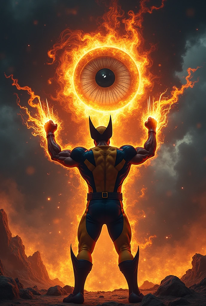 Make Wolverine raise his hands while making energy coming out of his hands and looking at the dark sky with a cosmic dark eye, around the eyes there is black smoke 