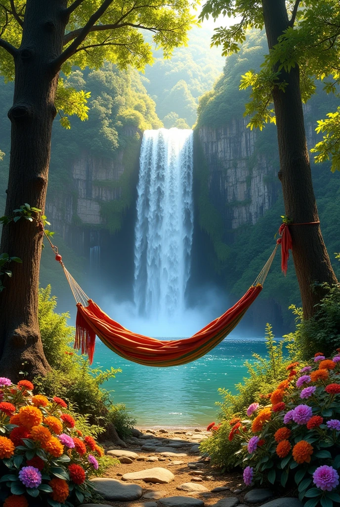 Waterfall crystal clear water tree with hammock colorful flowers
