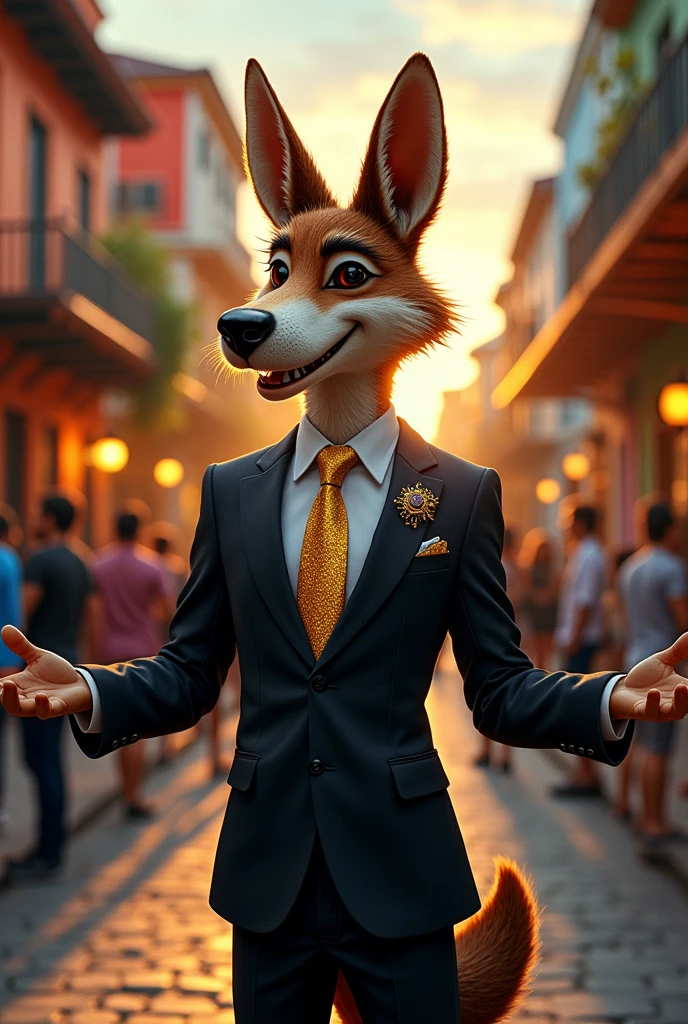 Mexican coyote in black suit and gold tie selling houses