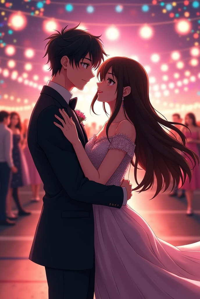 An anime man with black hair and dark maroon Eyes and he is wearing a prom suit and he is dancing with an anime woman with long middle brunette hair and dark brown eyes and she is wearing a fancy dress for prom and they are at the highschool prom and the woman is not wearing any lipstick