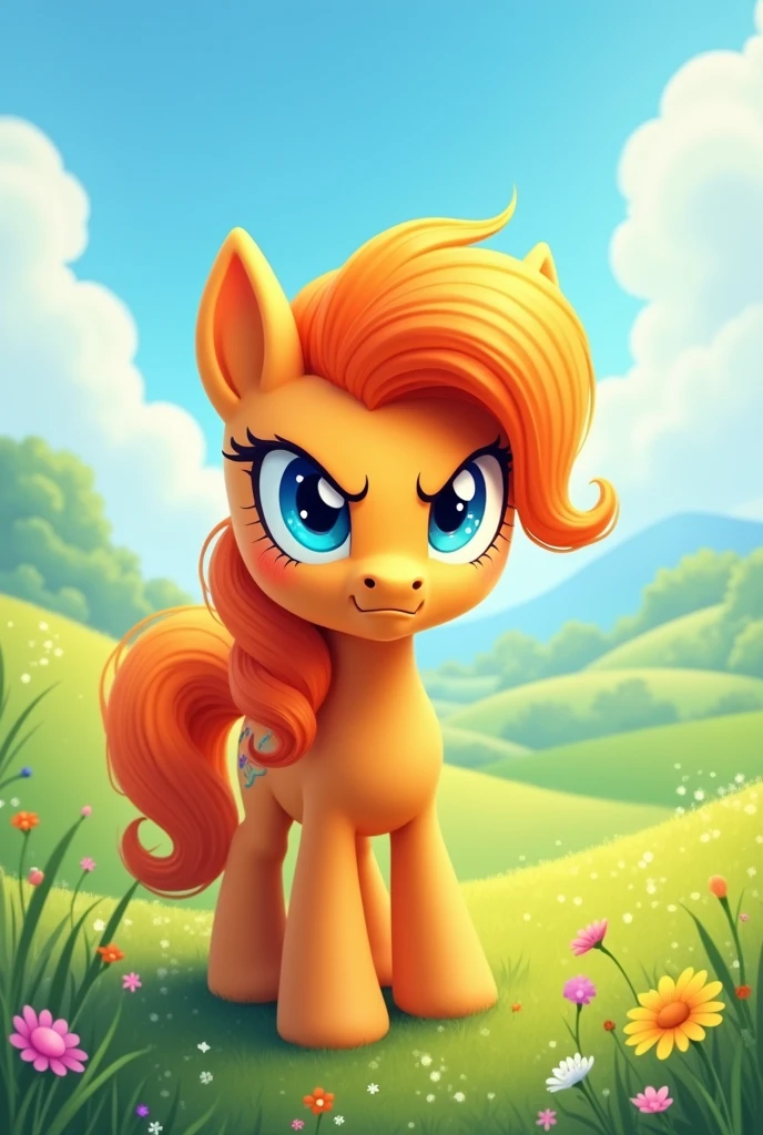 orange hair, POTRO, eyes, blue eyes, frown, somewhat angry, estilo my little pony