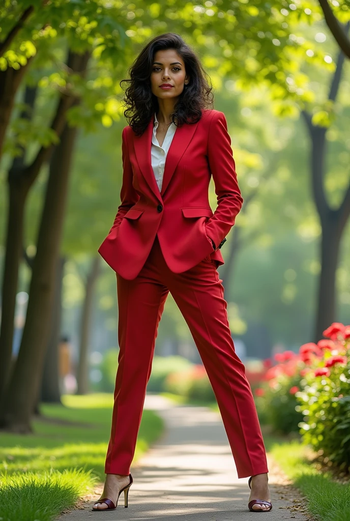 Mugdha Godse in a tailored suit with a miniskirt jacket and high-heeled sandals standing with her legs very open and full body in a park