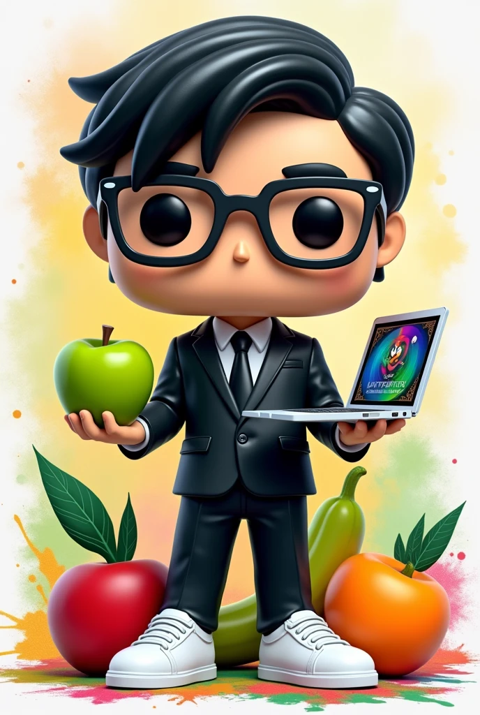 generate an image of a Funko pop, with white tennis shoes and a black semi-formal suit and a royal blue shirt without a tie, short black hair and square glasses, In hand a green apple and a laptop merging the careers of graphic design and nutrition  