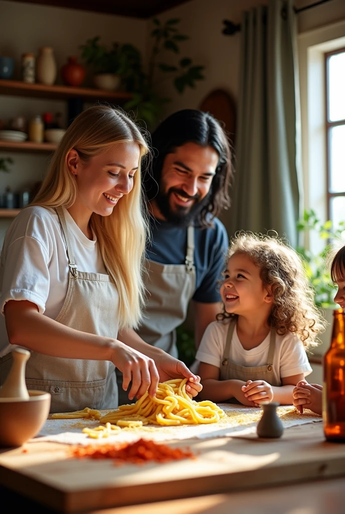 Logo cover for restaurant with Japanese characteristics, Italian pasta dough, Brazilian family, blonde woman cooking with her Japanese husband with long black hair and their two daughters, a with curly blonde hair and a Japanese baby girl, with the name of the restaurant written "PraJapa", Indian spices and bottle of beer