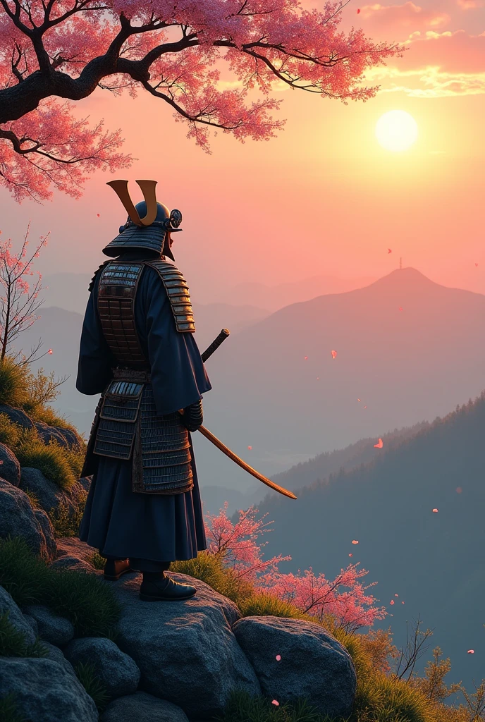 create an image of a gardener facing a samurai, realistic. standing at the top of a mountain, infront of a rising sun in Japan