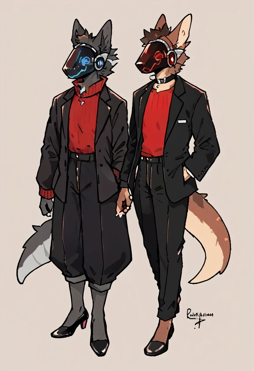 Dark chestnut brown furry protogen with a fire red sweater, elegant black pants, black dress shoes, Elegant black jacket and details on the black protogen visor in red