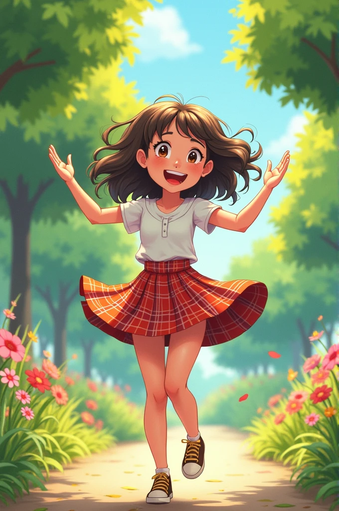 Create a girl wearing a mini school skirt and showing her underwear