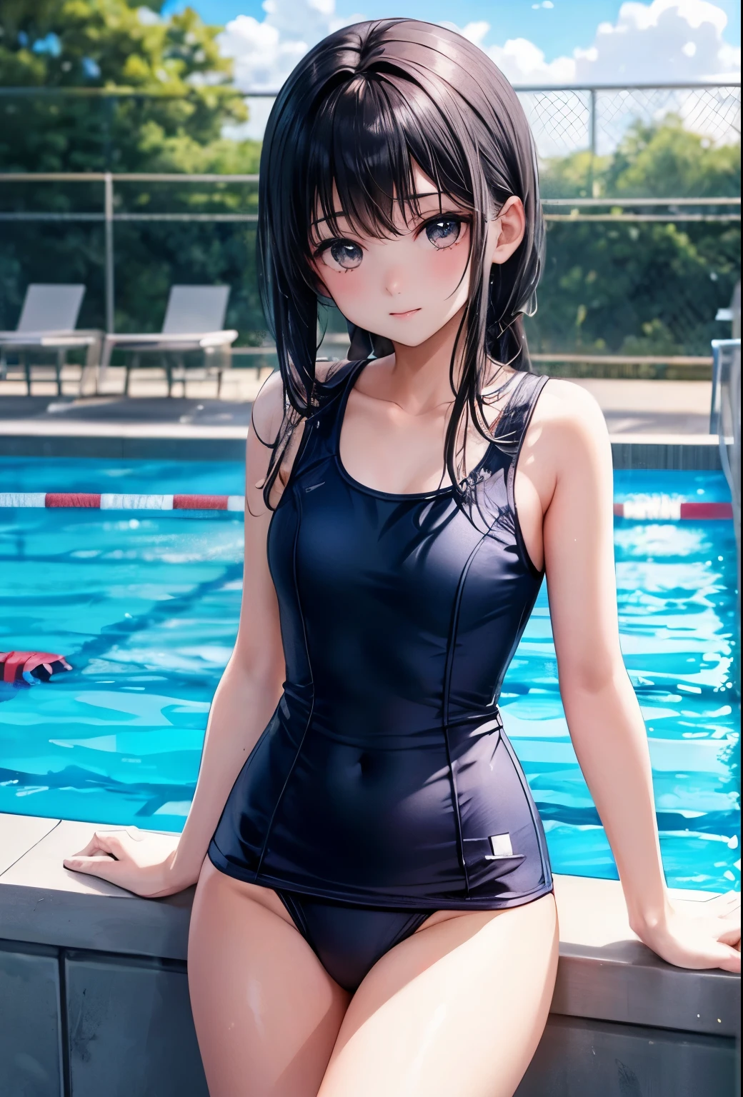 Black Hair　Navy blue school swimsuit　School swimming pool in midsummer