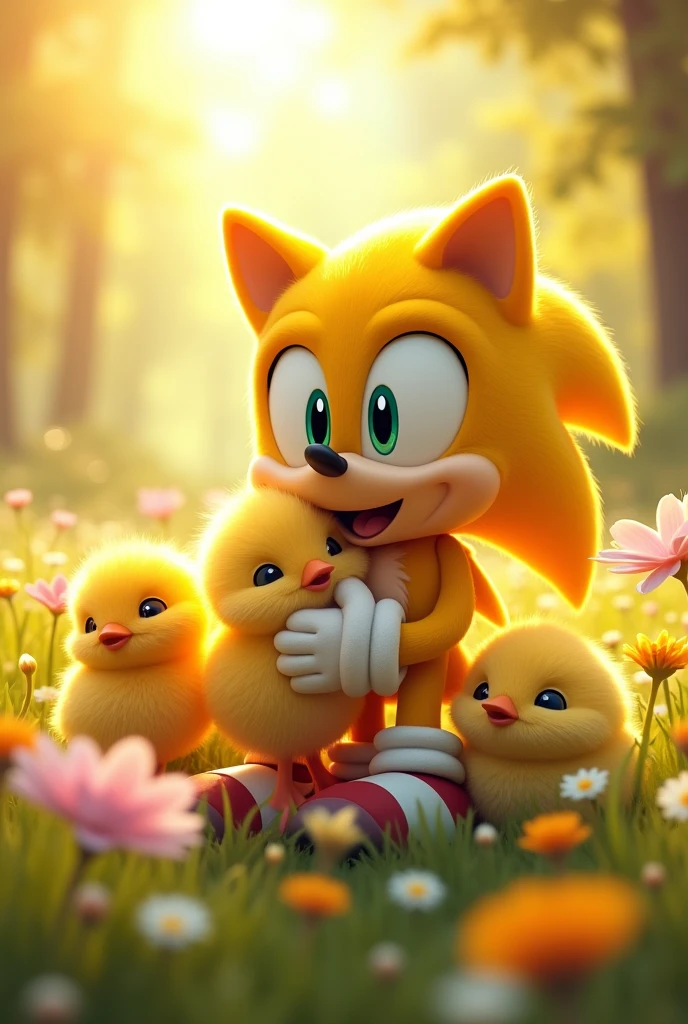 Yellow Sonic and chicks hugging