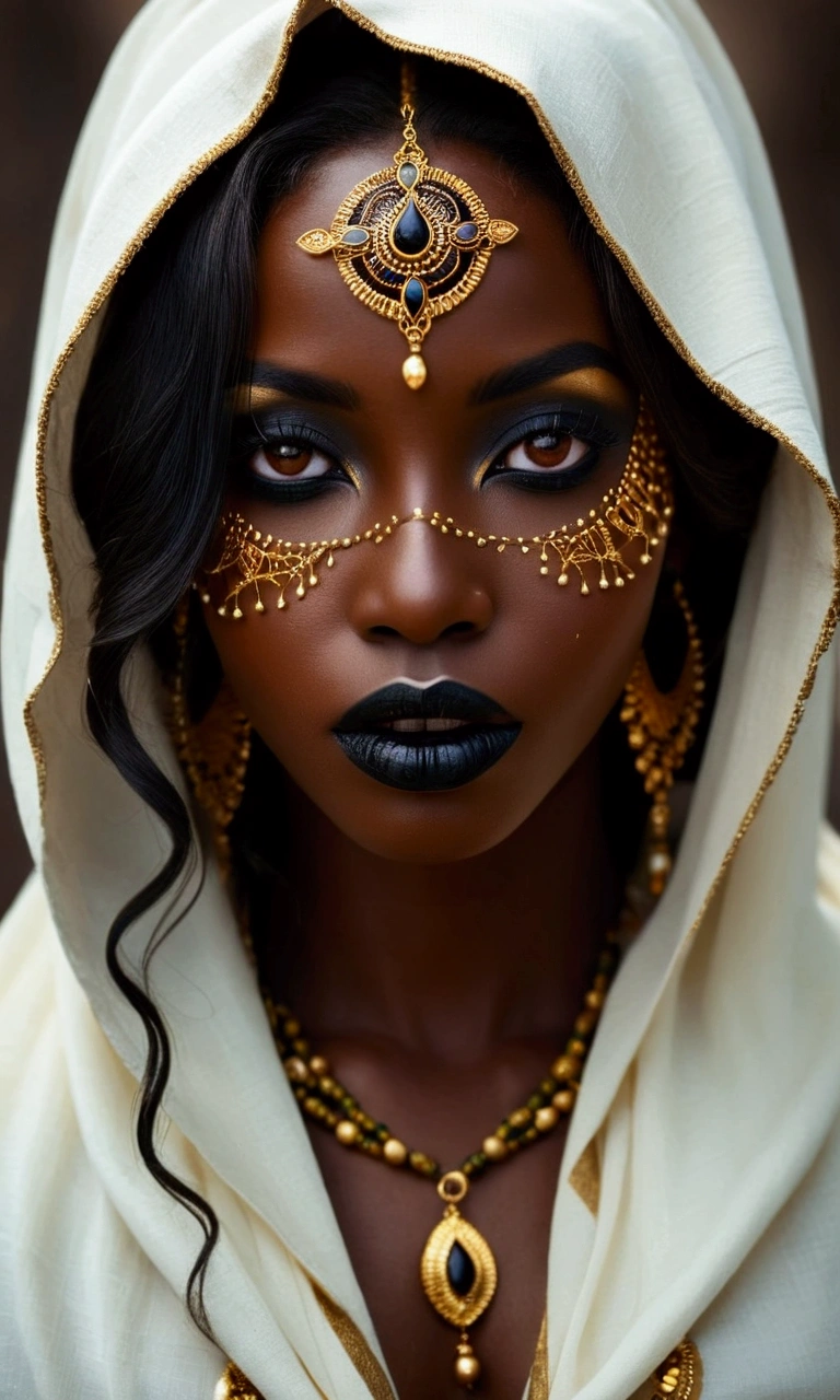 a woman with black makeup and gold jewelry on her face, stunning african princess, dark skin female goddess of love, beautiful intricate face, black african princess, stunning portrait, a stunning portrait of a goddess, detailed beautiful face, very beautiful portrait, beautiful detailed face, detailed gorgeous face, indian girl with brown skin, gorgeous face portrait, dark skin, beautiful portrait