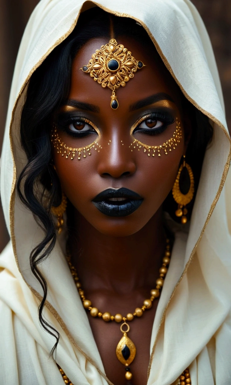 a woman with black makeup and gold jewelry on her face, stunning african princess, dark skin female goddess of love, beautiful intricate face, black african princess, stunning portrait, a stunning portrait of a goddess, detailed beautiful face, very beautiful portrait, beautiful detailed face, detailed gorgeous face, indian girl with brown skin, gorgeous face portrait, dark skin, beautiful portrait