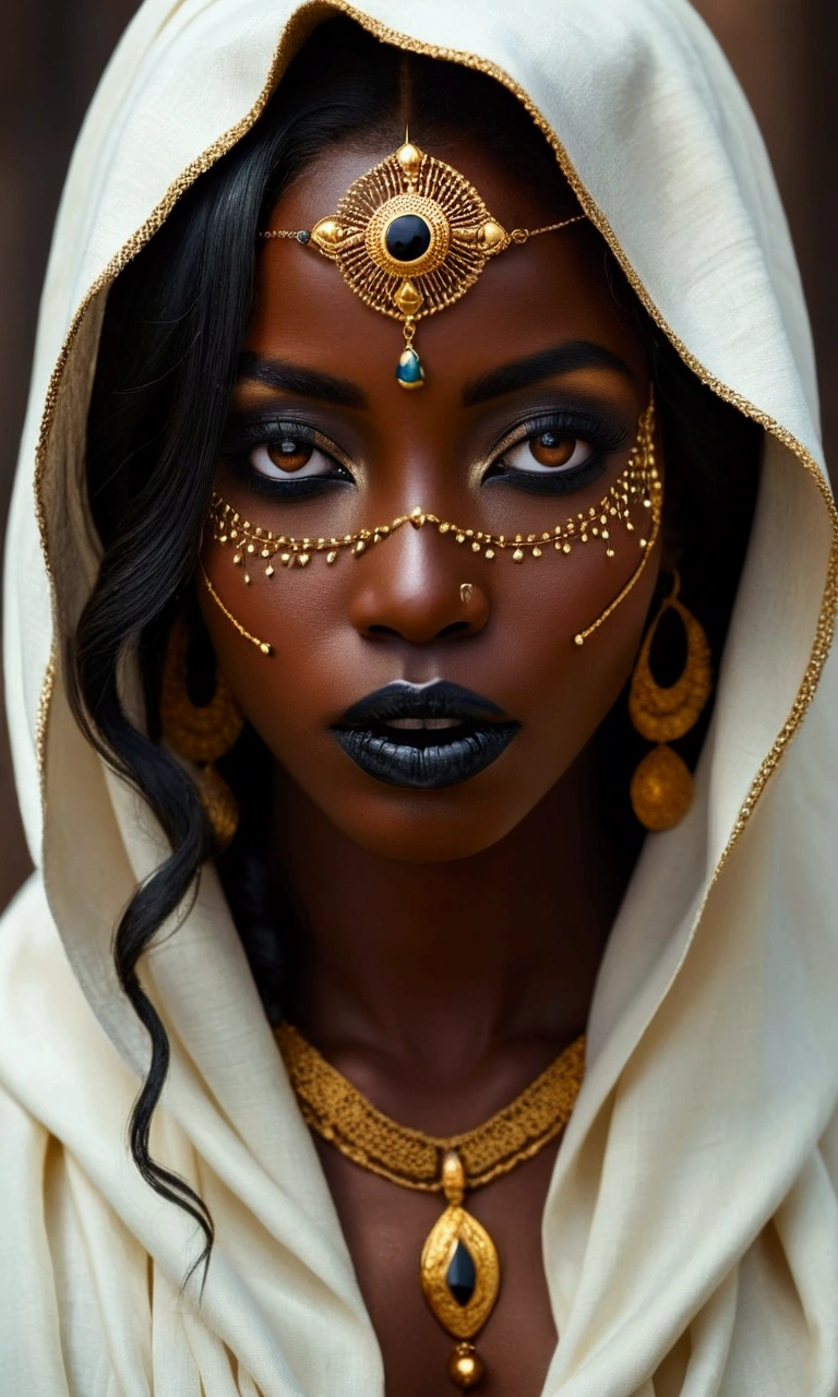 a woman with black makeup and gold jewelry on her face, stunning african princess, dark skin female goddess of love, beautiful intricate face, black african princess, stunning portrait, a stunning portrait of a goddess, detailed beautiful face, very beautiful portrait, beautiful detailed face, detailed gorgeous face, indian girl with brown skin, gorgeous face portrait, dark skin, beautiful portrait