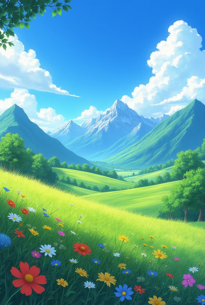 landscape, Anime Style, countryside, Mountains and clouds are visible in the background.