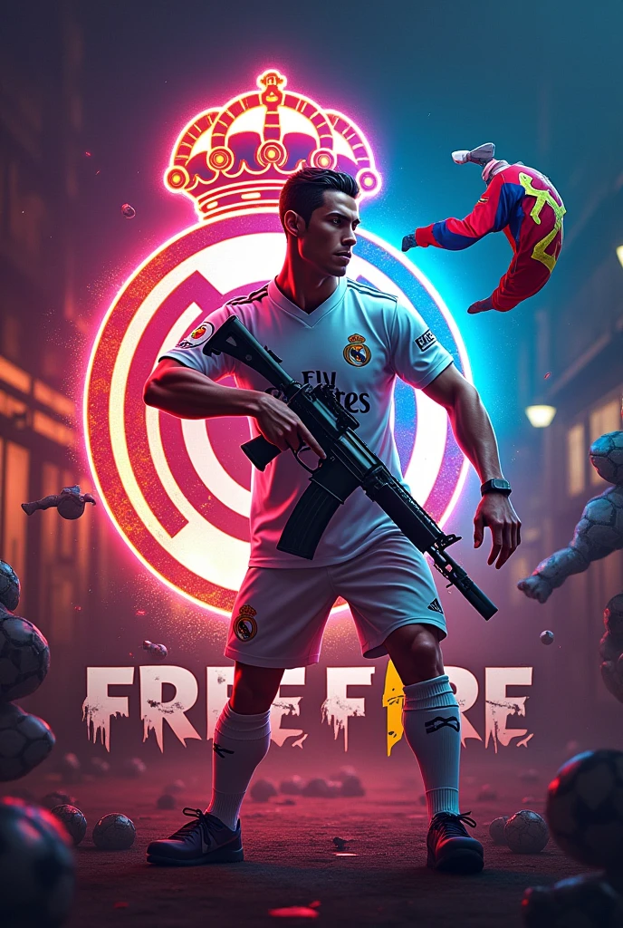 Create me a symbol that contains the free fire logo, and Cristiano Ronaldo comes out wearing a Real Madrid shirt with an AK47 rifle in his hands shooting at a Barcelona shirt, and a phrase that says "addicted to free". que la frese sea in Spanish solo la palabra "free" in English and "Addicted to" in Spanish.