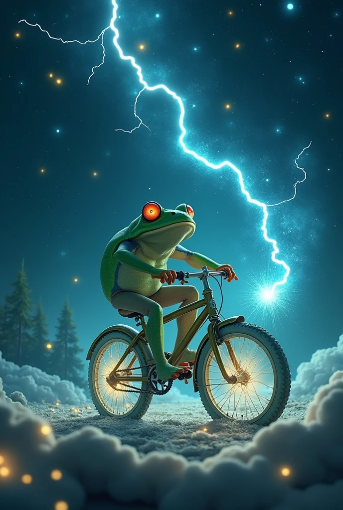 Starry Sky, art,　 as under deep sea lighting, Lots of sparkling stars、　realistic, A lightning-shooting frog riding a bicycle、in deep space, cosmic shower、