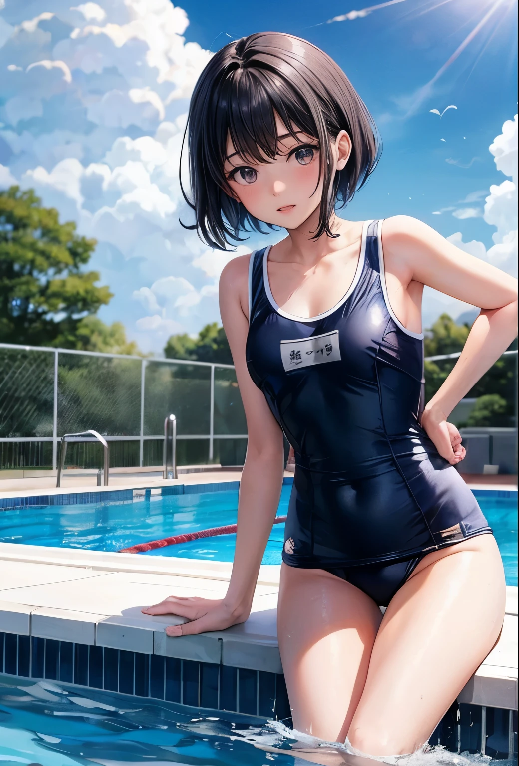 Black Hair Navy blue school swimsuit School swimming pool in midsummer