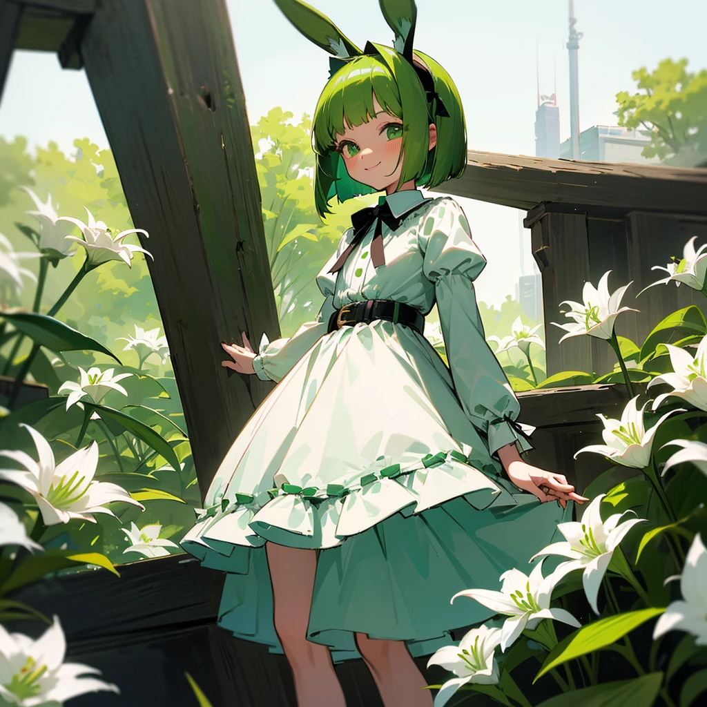 Green rabbit ears, green animal ears, a girl, bob cut, green hair, green eyes, look young, alone, short, tiny,ta, childhood,smile, White Lily, White blouse, mini skirt, hairband, belt, ribbon, kawaii, cute, 10-year-old, baby face, face, 1900 age, City,