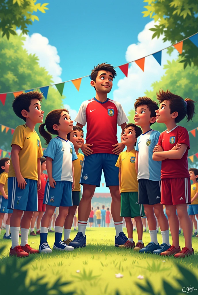 Drawing of children dressed as Argentines and Brazilians looking at an adult dressed in Chilean colors