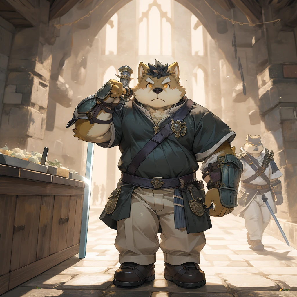 masterpiece, best quality, 8K resolution, Very detailed, hairy，Shiba Inu，(((Black hair)))，(((Golden fur)))，(((Golden Eyes)))，Chubby，Chubby face，Plain clothes，Ordinary greatsword，(((White pants))),(((Swordsman)))，shoe，(((Big Sword × 1)))，For the audience，(((Dungeons)))，Highest quality scene，(((Solitary)))，(((Determined)))，(((Round face)))，(((whole body)))，((Vision))