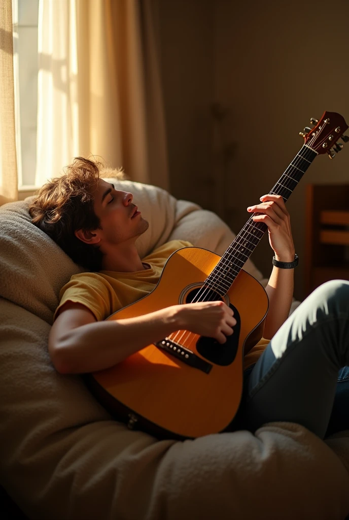 for a playlist of soft rock, 300x300, a musician sleeping and playing a song at the same time