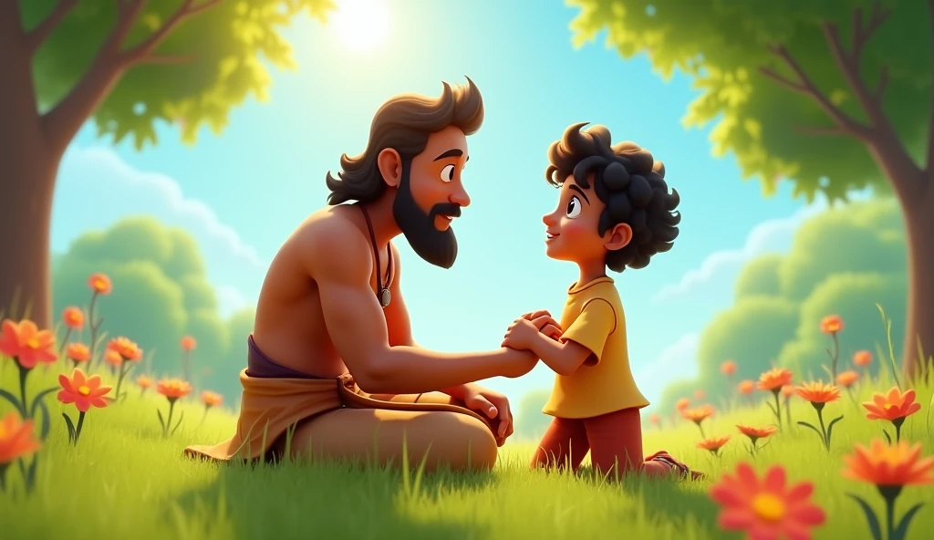 In 3D animation style:Ramū teaching his son, Gopāl**, the importance of good deeds and honesty, with a hand on his shoulder.