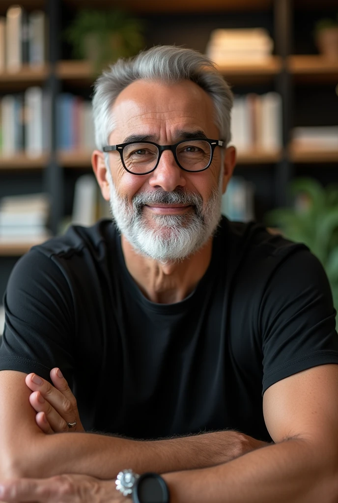 White man with curved nose , piercing gaze arabic features,bald thin lips white beard , round glasses dark lenses black t-shirt, in the office
