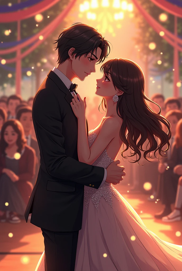 An anime man with black hair and dark maroon Eyes and he is wearing a prom suit and he is dancing with an anime woman with long middle brunette hair and dark brown eyes and she is wearing a fancy dress for prom and they are at the highschool prom and the woman is not wearing any lipstick