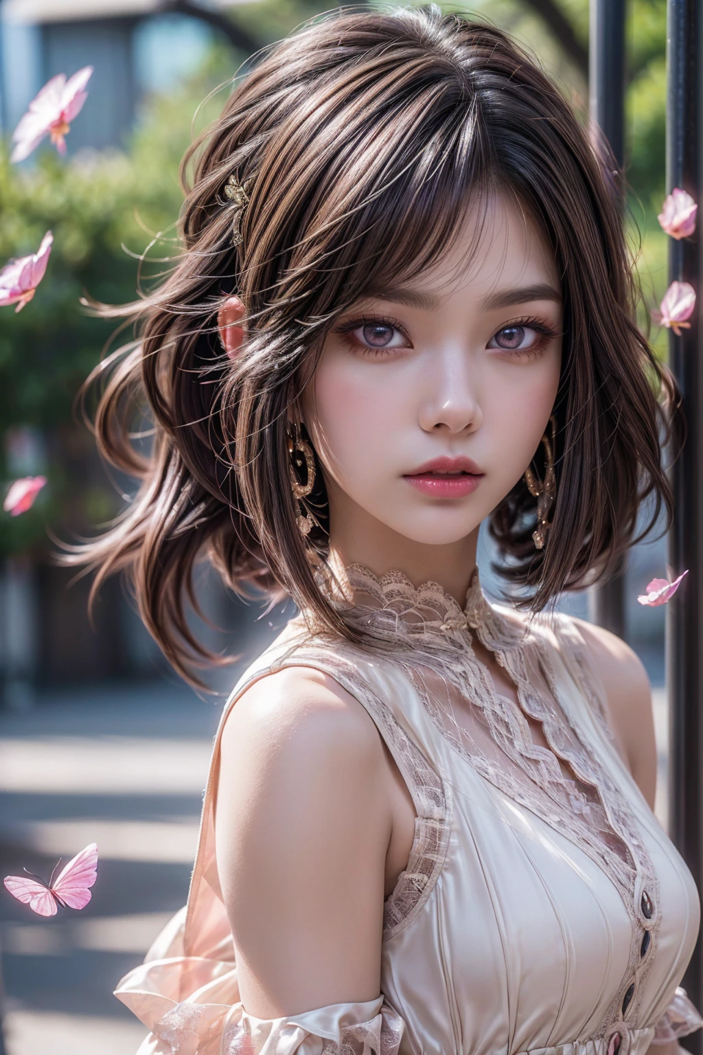 (CG unity 8k wallpaper extremely detailed) (better quality) (better lighting) (an extremely delicate and beautiful) (floating) (beautiful) (spring atmosphere) (1girl) (long pink hair), (hair headband), (detailed and beautiful blue eyes), ((very short white dress, pink lace underside), (lace), ((light transparent silk))), (cherry blossom petals), (butterflies), (dof), (volumetric light) cinematic lighting, chromatic aberration, Sony FE GM, textured skin, high details, highres, 8k, (photorealistic Realism 16K Quality), ultra-detailed, UHD, (ultra absurd quality, extremely detailed detail, hyper resolution, clear sharp focus, not blurry, Realistic brown_eyes:1.35), (perfect dark_eyeshadows),