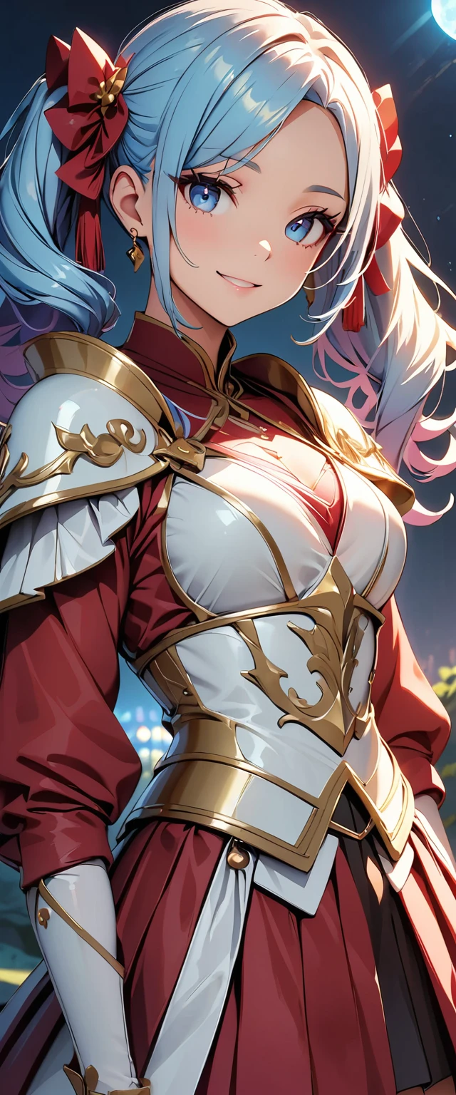 (Highest quality:1.2, Attention to detail, masterpiece:1.2, Best aesthetics), (1 person), Cowboy Shot, ((armor, 白色のarmor, White Japanese Armor:1.1, White shoulder armor, Japanese sword)), (Light blue hair, Twin tails, Asymmetrical bangs, Bright Blue Eyes), 美しいAttention to detail目, Beautiful lip detail, Highly detailed face, Detailed Fashion, elegant, luxury, High quality fabric, Shine, Shine, smile, Random Pause, Dutch Angle, wilderness, night, Dramatic lighting, Cinematic, Bright colors, Intricate details, Chiaroscuro lighting.
