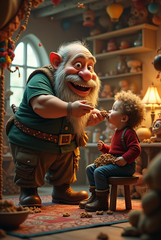 Image of a dwarf feeding a seated person chocolate krispie through the nose