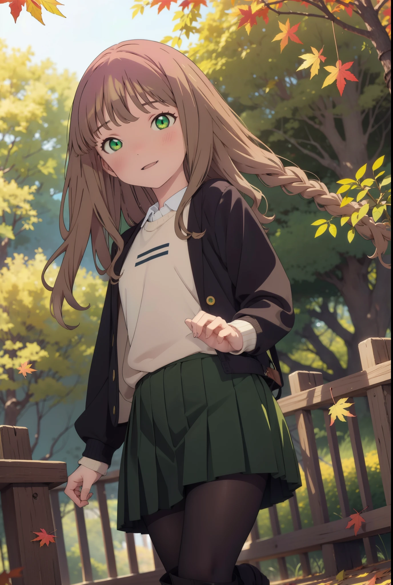 minami yume ,sss Dynazenon ,length, Long, thick braids, Brown Hair, smile,blush,(Green Eyes:1.5) ,Blue v-neck sweater,Long skirt,Black pantyhose,short boots,Walking,whole bodyがイラストに入るように,autumn leaves,autumn leavesが散っている,autumn leavesが積もっている,
break looking at viewer, whole body,  
break outdoors, garden,
break (masterpiece:1.2), Highest quality, High resolution, unity 8k wallpaper, (shape:0.8), (Beautiful and beautiful eyes:1.6), Highly detailed face, Perfect lighting, Extremely detailed CG, (Perfect hands, Perfect Anatomy),