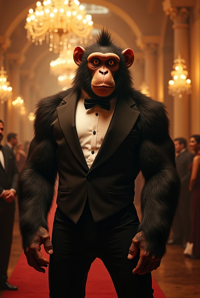 Huge muscular monkey in evening dress looking at the front, full picture, realistic details