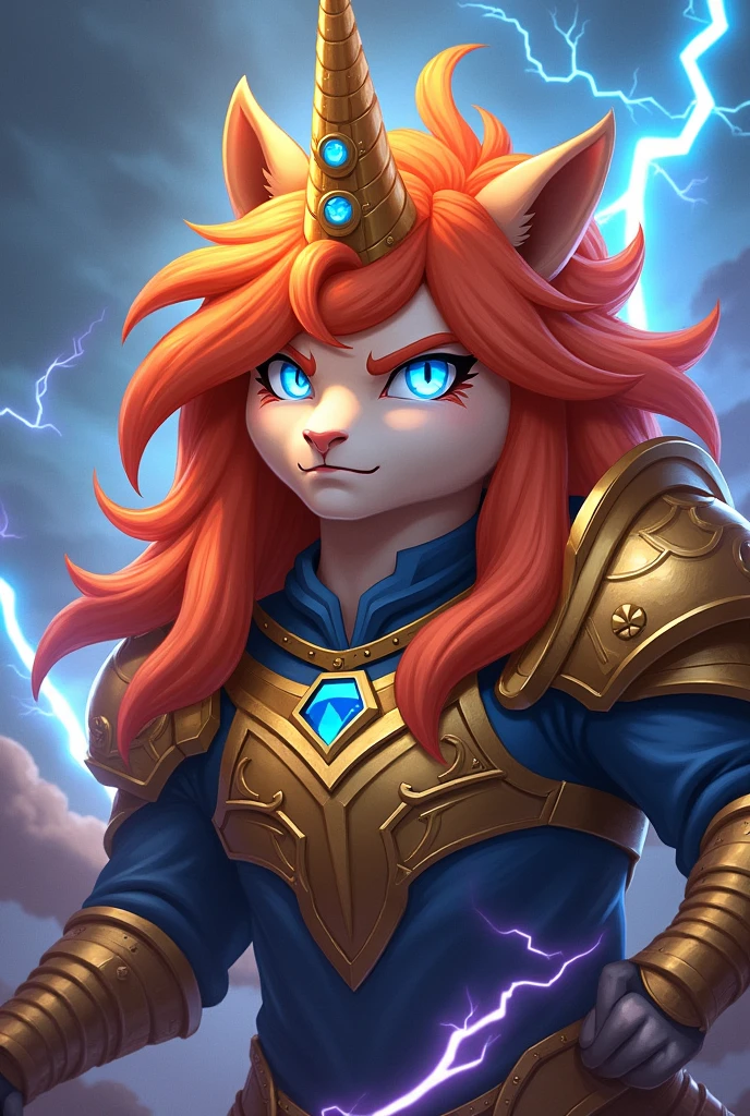 orange hair, POTRO, eyes, blue eyes, frown, somewhat angry, Destroyer King Alicorn style