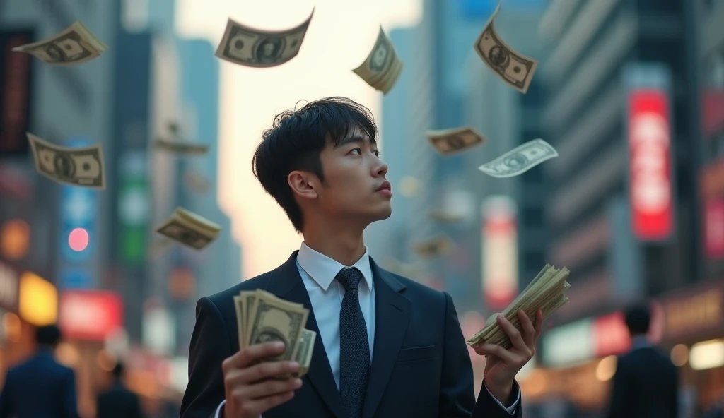 Young man holding thermometer in his hand，The background is a city, sweltering heat, intense heat, scorching weather, Hot weather, asian man, sweltering, Hot summer days, allan lee, ken wong, peter chan, scorching weather, hot summertime, summer weather, mario feng, jon kuo, warm weather, God-like temperature，3D，cartoony