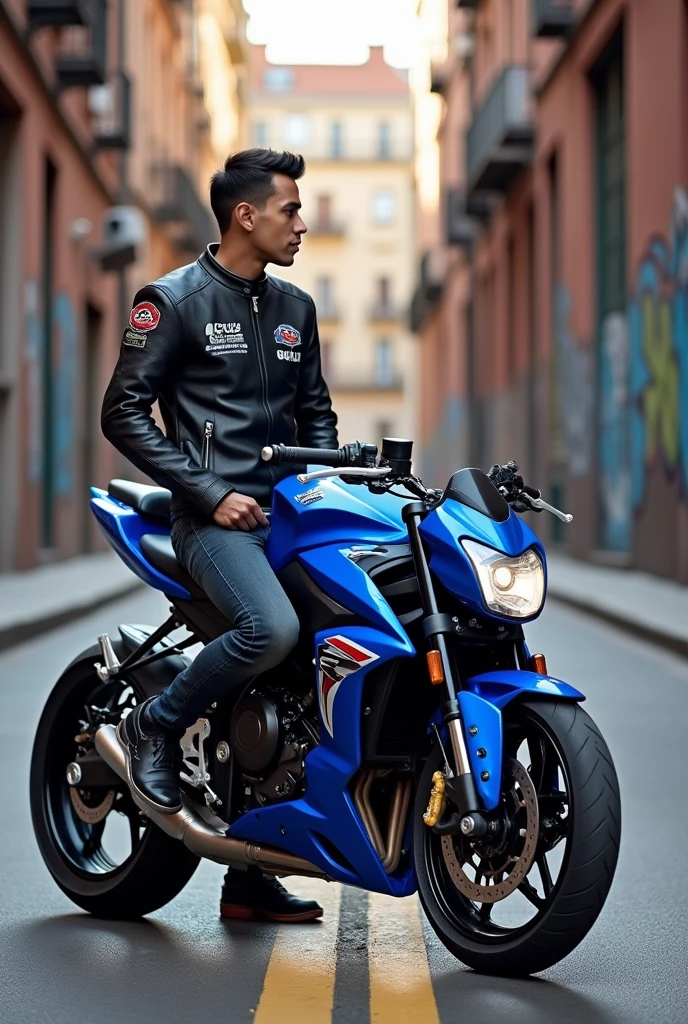 Blue suzuki gixxer naked type motorcycle with the name L_Carrillo in jacket