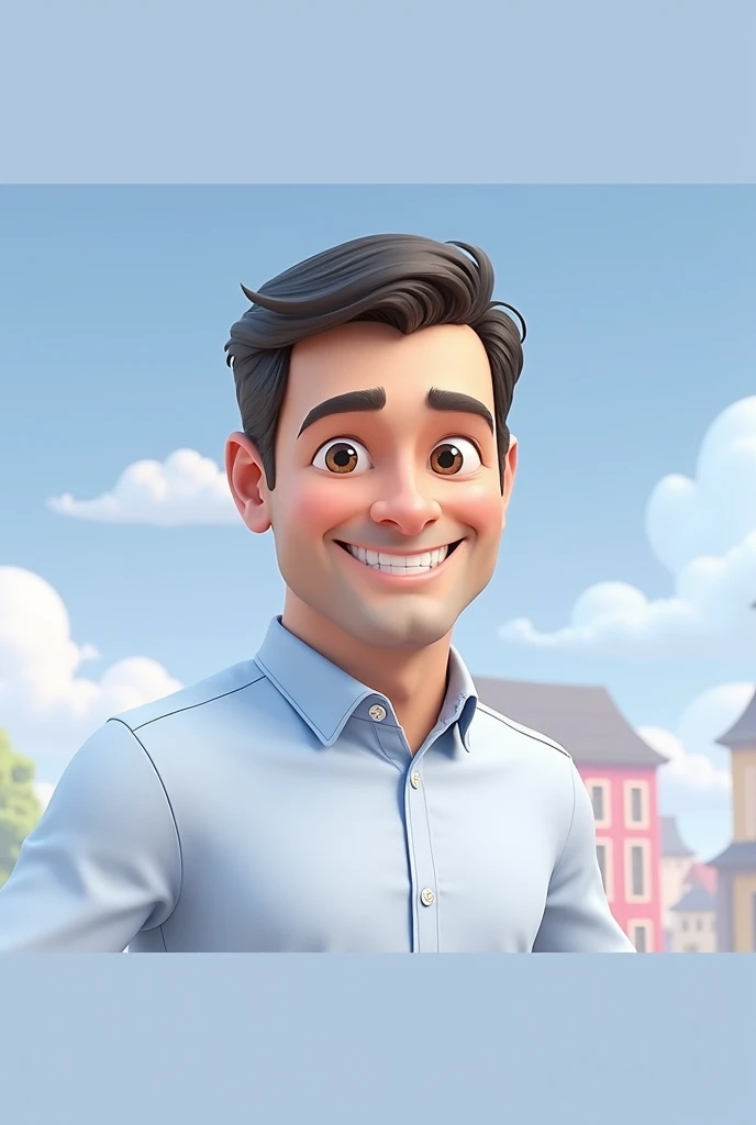 Cartoon character of a man blue shirt, 45 years old adult, an animated character, stylized character, animation style rendering, 3d stylized, A smile that shows confidence, with eyes slightly half-closed
