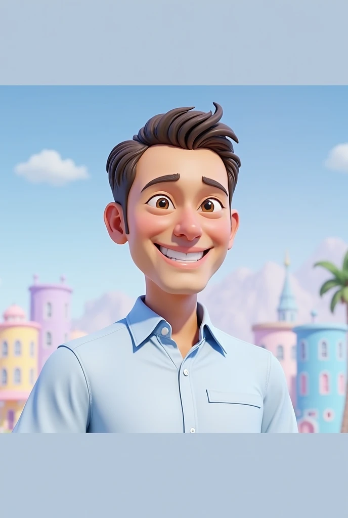 Cartoon character of a man blue shirt, 45 years old adult, an animated character, stylized character, animation style rendering, 3d stylized, A smile that shows confidence, with eyes slightly half-closed