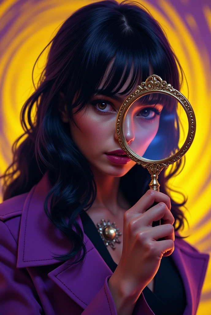 women detective with dark hair and magnifying glass with yellow and purple background colour