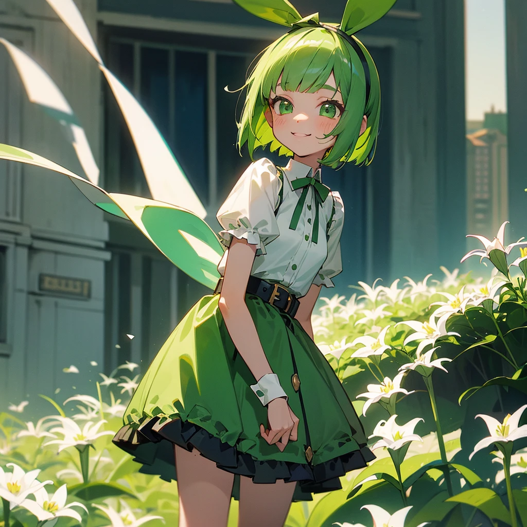 Green rabbit ears, green animal ears, a girl, bob cut, green hair, green eyes, look young, alone, short, tiny,Lolita, childhood,smile, White Lily blouse, mini skirt, hairband, belt, ribbon, kawaii, cute, 10-year-old, baby face, face, 1900 age, City,
