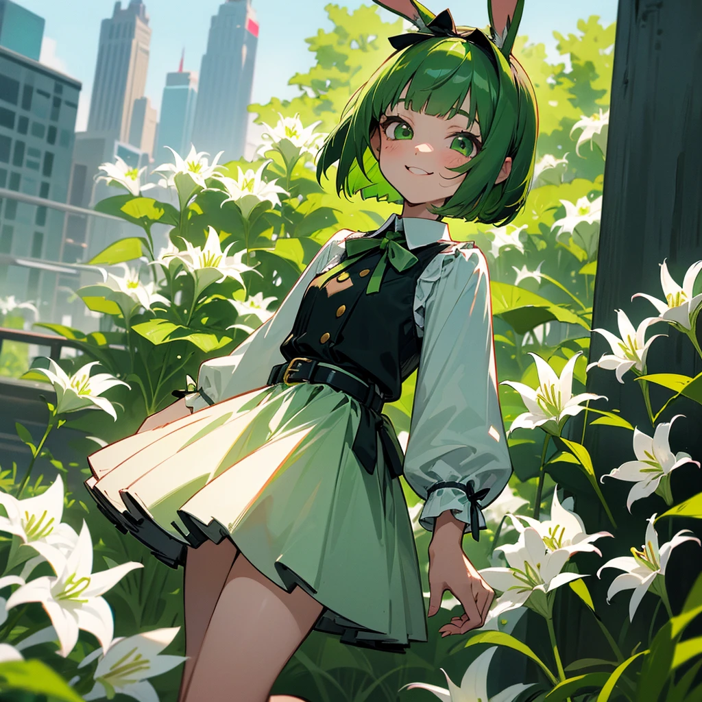 Green rabbit ears, green animal ears, a girl, bob cut, green hair, green eyes, look young, alone, short,  tiny,Lolita, childhood,smile, White Lily blouse, mini skirt, hairband, belt, ribbon, kawaii, cute, -yeld, b face900 age, City,