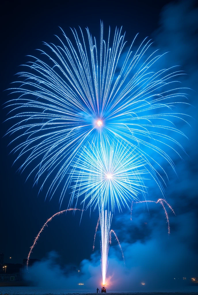 Blue fireworks１Please draw one。
Please use the blue gradient technique for the fireworks.。
Please use a white background。