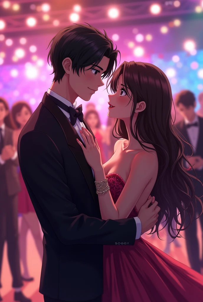 An anime man with black hair and dark maroon Eyes and he is wearing a prom suit and he is dancing with an anime woman with long middle brunette hair and dark brown eyes and she is wearing a fancy dress for prom and they are at the highschool prom and the woman is not wearing any lipstick