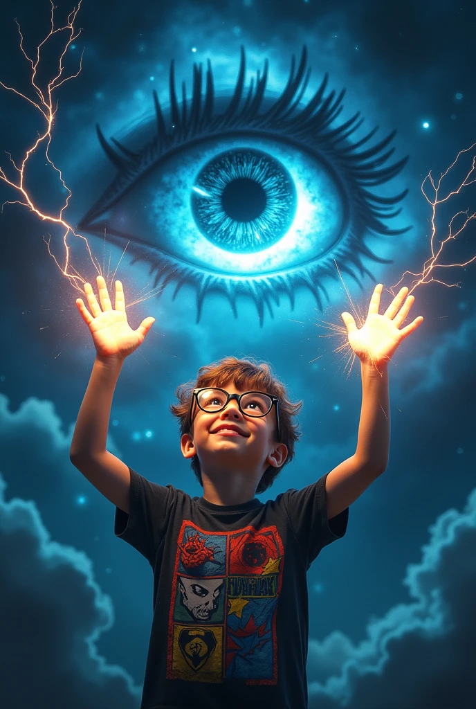 Make the 8-year-old boy look nerdy and raise his hands while making energy come out of his hands and looking at the dark sky with a dark cosmic eye, around the eyes there is black smoke