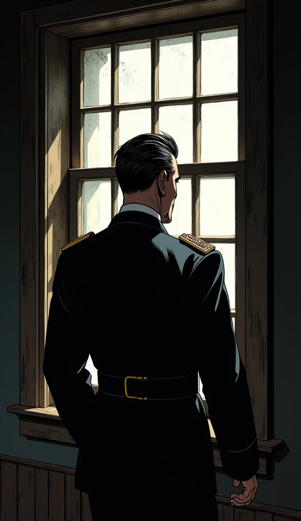 Image of a Nazi colonel from behind, with hair closing the wooden window comic style