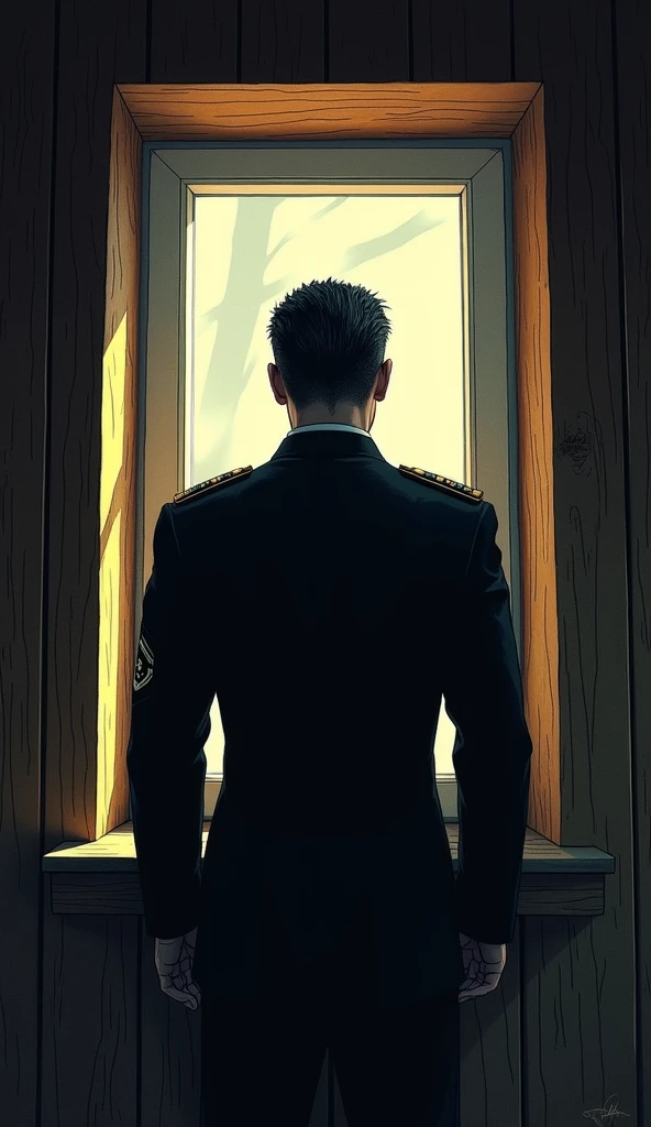 Image of a Nazi colonel from behind, with hair closing the wooden window comic style